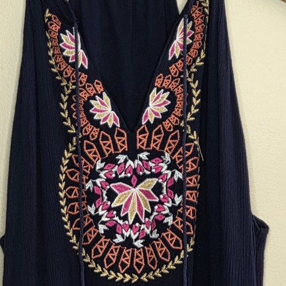 THML | Navy Blue Crinkled Halter Dress with Colorful Embroidery Size Small - Picture 2 of 5